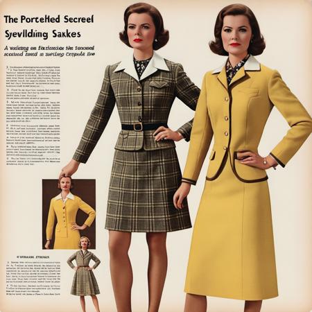 A vintage fashion magazine page from the post-war era, featuring a woman elegantly dressed in the style of the time. The image captures the essence of historical fashion trends with a dress that exemplifies the era's design - perhaps a mid-length A-line skirt with a fitted waist, paired with a chic blouse or a smart jacket. The page shows signs of aging: its edges are slightly tattered, the paper has yellowed, and there are subtle but charming speckles and streaks, suggesting a well-preserved relic from a bygone era, resonating with the nostalgia and elegance of post-war fashion, <lora:postwarfashion:0.6>