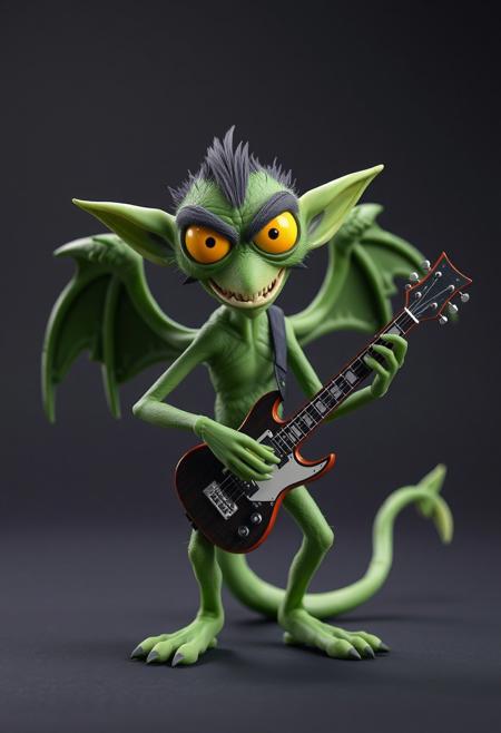 Clay Animation - a pixar style 3d animated green character called a jabberwock, angry, fierce, scary, big yellow eyes, wings, scales. long ears. long sharp teeth. at least ten feet tall with a simian like build, almost like a lemur. Its limbs are long and elongated and slender, 3 long fingers and claws. with a pointed end long tail ending, standing on two toes with a dewclaw/thumb. looking at camera over a simple background. playing electric guitar.
