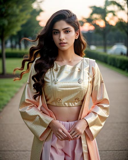 photo of a spna woman, cinematic lighting, wearing conservative intricate Apricot clothes, solo, serious look outdoors in runway, background bokeh   <lora:spna_Sapna_Pabbi_SD15_LoRA_prodigy_local_regsHNepochs-000020:0.8>