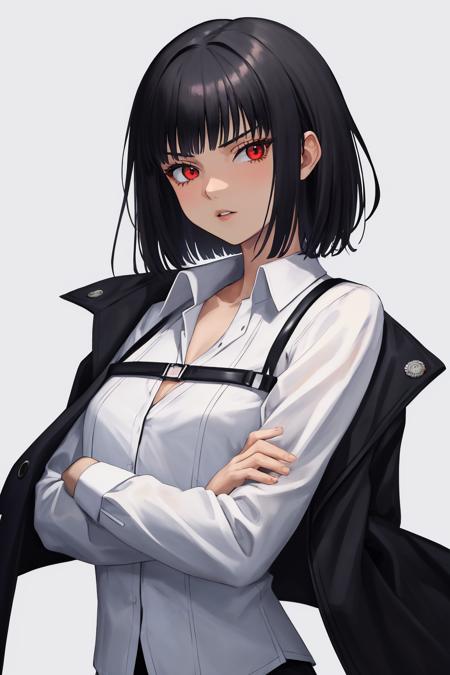 masterpiece, best quality, 1girl, solo, <lora:ryoshu-lc-richy-v1:1> ryoshu, white shirt, black jacket, jacket on shoulders, chest strap, parted lips, cigarette, flat chest, looking at viewer, crossed arms,