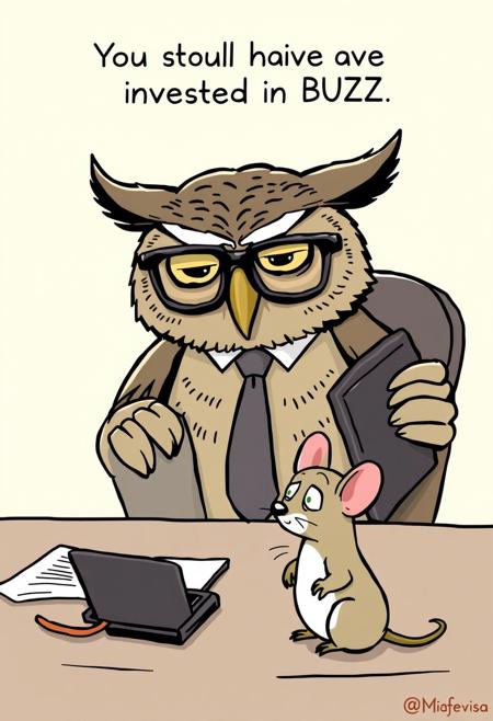 Owl Financial Advisor – A wise-looking owl wearing glasses and a tie sits behind a desk, looking at an empty wallet. He adjusts his glasses and sighs: "You should have invested in BUZZ earlier." A tiny mouse client sitting across from him bursts into tears.