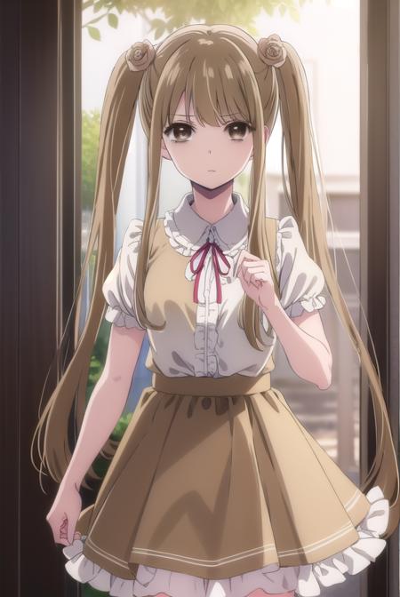 norikokamomebata, <lora:noriko kamomebata s1-lora-nochekaiser:1>,
noriko kamomebata, long hair, blonde hair, brown hair, hair ornament, twintails, (brown eyes:1.5), flower, hair flower,
BREAK skirt, shirt, ribbon, short sleeves, frills, shoes, socks, puffy sleeves, black skirt, neck ribbon, white socks, mary janes, frilled socks,
BREAK indoors, classroom,
BREAK looking at viewer, (cowboy shot:1.5),
BREAK <lyco:GoodHands-beta2:1>, (masterpiece:1.2), best quality, high resolution, unity 8k wallpaper, (illustration:0.8), (beautiful detailed eyes:1.6), extremely detailed face, perfect lighting, extremely detailed CG, (perfect hands, perfect anatomy),