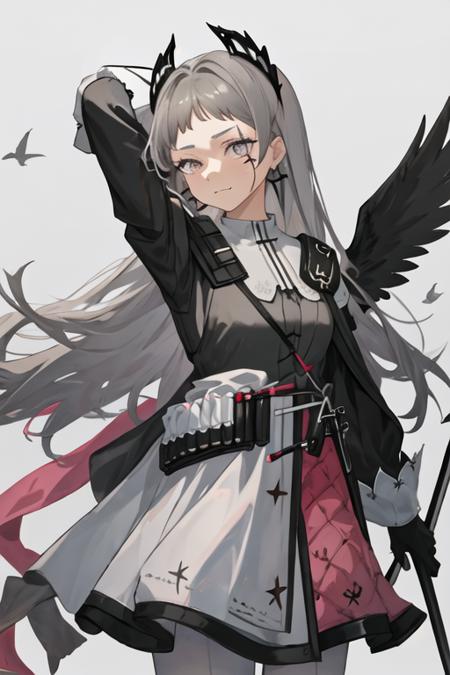 best quality, masterpiece, highres, solo, {irene_arknights:1.15}, long_hair, grey_hair, head_wings, scar, scar_across_eye, grey_eyes, earrings, jewelry, scar_on_face, closed_mouth, upper_body, very_long_hair, 1girl, looking_at_viewer, white_capelet, portrait, jacket