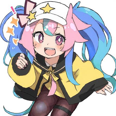 1girl, iono (pokemon), star in eye, grin, very long hair, :d, pantyhose, hexagon print, two-tone hair, bow-shaped hair, long hair, character hair ornament, single leg pantyhose, twintails, multicolored hair, upper teeth only, blue hair, thigh strap, smile, jacket, teeth, sleeves past fingers, oversized clothes, eyelashes, hair ornament, split-color hair, sharp teeth, symbol in eye, green hair, pink hair, aqua hair, very long sleeves, sleeves past wrists, yellow jacket, shirt, low-tied long hair, open mouth, pink eyes, tongue, star print, x, star (symbol), anime cap