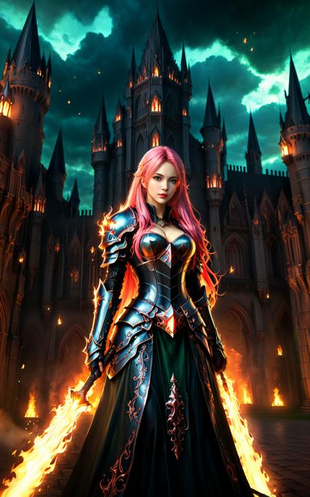A pitch-black night,yuukananri,1girl with long pink hair,green eyes,a female mage in an armored skirt,standing before a massive gothic castle,(her hands glowing with bright flames),surrounded by floating fireballs,gothic architecture,dark fantasy atmosphere,glowing firelight illuminating the surroundings,intense shadows,powerful stance,dramatic lighting,highly detailed armor,fiery magic,dark clouds looming in the sky,intricate castle details,night sky full of stars,mysterious and ominous mood,fire reflecting off the armor,glowing eyes,cinematic composition,(masterpiece:2),best quality,ultra highres,original,extremely detailed,perfect lighting,
Cinematic Lighting,<lora:detailed_notrigger:1>,<lora:xl_more_art-full_v1:0.8>,<lora:MJ52_v2.0:0.5>,<lora:yuukananri-base-01-XL:0.6>,