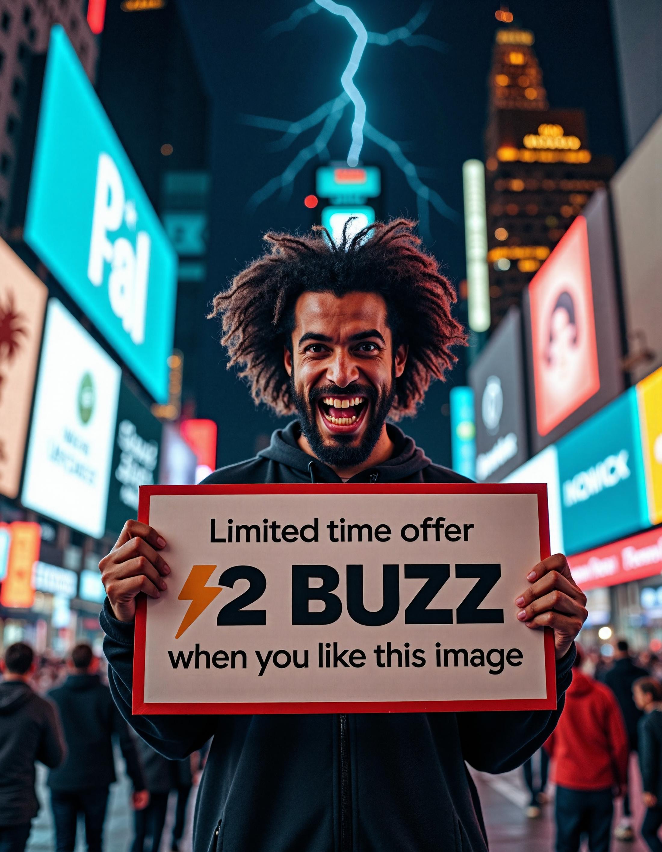 A highly detailed image, Times Square like environment at night with hundreds of bright glowing screens and lights, featuring a wild looking man with great teeth wearing an advertising board that says "Limited time offer 2 buzz when you like this image" with a thunder emoji, dramatic atmosphere.  lightning is striking a tall building <lora:detailer_flux_v1:0.5>