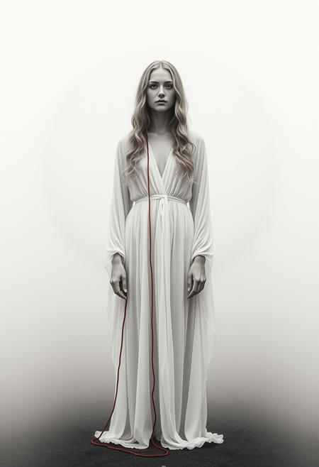 Symmetrical composition, full shot of Ariadna ((blond wavy long hair)) and the red thread, standing pose, white transparent robe, greek mythology, grotesque environment, extremely beautiful, sepia black and white, foggy and misty perfect big circle at the background, by Joel Peter Witkin, photography style, low contrast