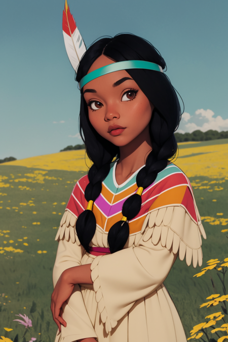 masterpiece, best quality, 1girl, tlily, black hair, twintails, feather hair ornament, headband, dark skin, dress, native american, upper body, sketch, looking at viewer, night, meadow background  <lora:TigerLily:1>