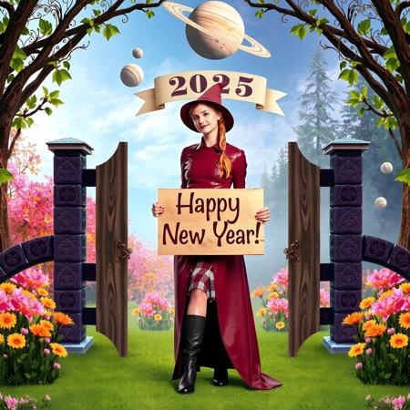 mysterious beautiful witch wearing red leather clothes holding a wooden sign where is written on "Happy New Year!", standing in front of a omega formed gate where above on a plate it is printed "2025". in the background is an enchanted colorful forest with marvelous flowers plants, At the sky are planets