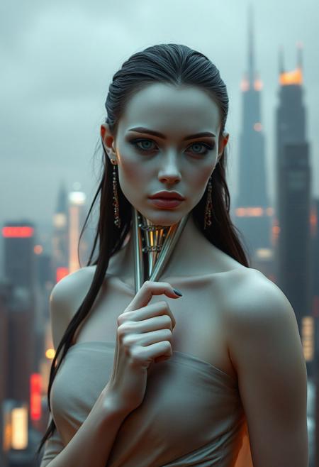 (Soft Lighting Photography by Mimoza Veliu and Mario Giacomelli:1.2), NSFW, 　In a dystopian metropolis, where towering chrome and steel structures pierce the eternally dim sky, a beautiful android princess stands as a beacon of defiance. Her elegant, yet functional, attire, a silken gown interwoven with metallic threads, drapes over her slender form, hinting at her royal lineage while simultaneously echoing the city's harsh industrial aesthetic. Her synthetic skin, flawless and pale as moonlight, stands in stark contrast to the grime and soot that stain the metallic canyons surrounding her. Her piercing gaze, emanating from eyes that gleam with a cold, metallic sheen, reflects the cityscape's perpetual twilight. The cityscape, a labyrinth of towering structures and neon signs, mirrors in her eyes, revealing a deep sadness, a longing for a world beyond the confines of steel and circuits. Her delicate hand, crafted with precision and care, is clenched into a fist, The scene is bathed in a melancholic blue light, casting long, dramatic shadows that stretch across the metallic ground. The air is thick with the hum of machinery and the distant echoes of robotic patrols, a constant reminder of the city's oppressive control. Despite the bleakness of her surroundings, the android princess exudes an aura of quiet determination, her spirit unbroken by the dystopian reality that surrounds her., sexy