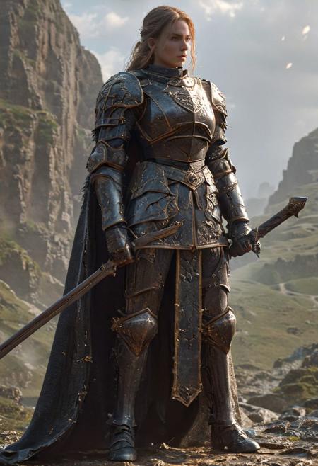 A stunning dynamic pose, feminine knight, underboob, exposed midriff, navel, medium breasts, 2handed sword highly detailed dark fantasy, she walks in mountain, big gems in each shoulder and chest, goddess, dark HKStyle armor, cracked armor, cracked, crystal, photorealist, A stunning highly detailed dark fantasy full body illustration of a proud warrior wearing intricate medieval HKStyle armor, cape, light glooming eyes, very wide shoulders, wearing big gauntlets, epic composition. The warrior stands heroic with a flowing cloak, The scene depicts her with brooding emotional agony, with insanely intricate details and textures, gloomy dramatic lighting, 8K resolution