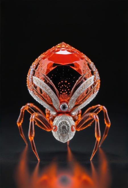 (Spider fully made of glass/red crystal/diamond), cute, chibi, small, multiple, high detail, orange and red theme, display, multiple poses, dynamic pose, simple background, black background