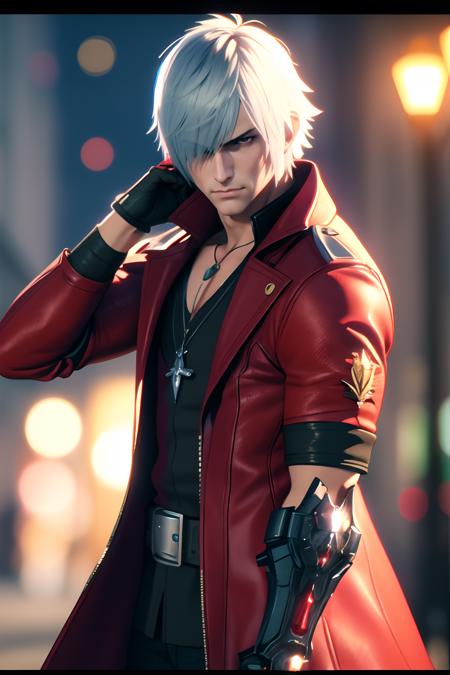 i want the whole image to be created in 3D anime style, solo, looking at viewer, gloves, 1boy, jewelry, closed mouth, white hair, male focus, open clothes, black gloves, belt, necklace, hair over one eye, blurry, coat, blurry background, letterboxed, open coat, mechanical arms, manly, red coat, single mechanical arm, dante (devil may cry)