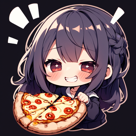 <lora:NijiEmotes-10:0.6> Niji Emote, twitch emote, chibi, kawaii, sticker, piece of pizza, wild grin  solo , rule of thirds, centered, simple background,