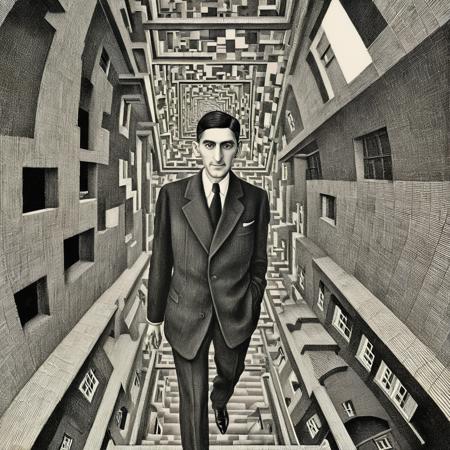 portrait of (Franz Kafka) in a suit jacket, staircases, intricate world of optical illusions and impossible geometries, an optical paradox, mesmerizing and thought-provoking masterpiece, art by escher, <lora:Escher_Blend:1.2> <lora:xl_more_art-full_v1:0.6>