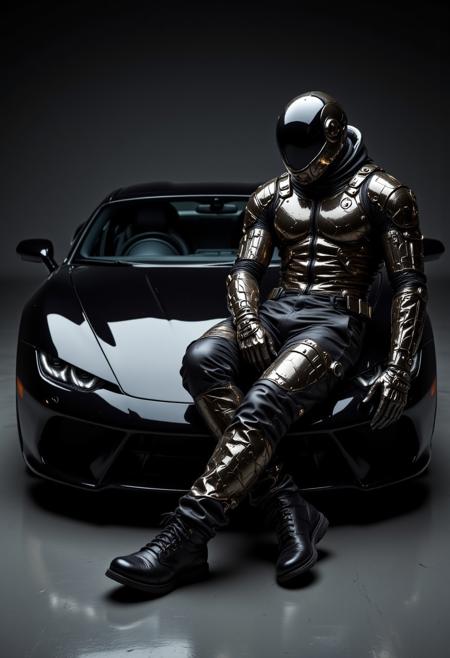 A black Lamborghini with the hood up, the black spaceman leaning against it, The man is wearing all all black gunmetal armored Maasai Tribe spacesuit, Nike tech ski-mask and all black space helmet and wearing baggy. He's wearing Nike Air Jordan shoes. The interior design of the studio is black brutalism, This award-winning photography in the style of David LaChapelle and Hype Williams. in the style of kodak aerochrome, softly luminous, gritty elegance, vibrant colorism, detailed facial features, ultra realistic, high definition rendering, extreme realism, in the style of glimmering light effects, wide angle, style of sci-fi action, night photography, 35MM, 8K