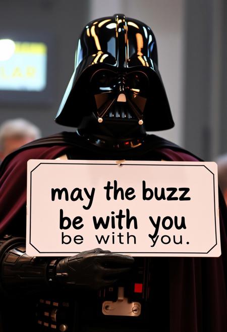 Darth vader with a sign that says "may the buzz be with you"