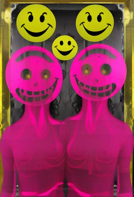 shocking pink & yellow acid smiley faces superimposed over textured antique mirrors, humans background, double exposure photography, post processing, bohemian, avantgarde surrealism, abstract dadaism, absolutely mental x-ray images, deconstructed faces, diy punk style