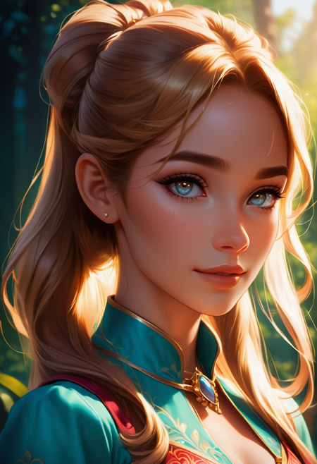 cinematic film still Masterpiece, high quality, stunning composition, highly rated artwork, detailed art, many details, fairytale, storybook detailed illustration, complex background. ((looking at viewer))
girl, Fingertip tracing collarbone, ponytail with bangs, Fine art portrait,
<lora:20250419-1745075667520:0.8>,  <lora:SDXLFaeTastic2400:0.6> . shallow depth of field, vignette, highly detailed, high budget, bokeh, cinemascope, moody, epic, gorgeous, film grain, grainy