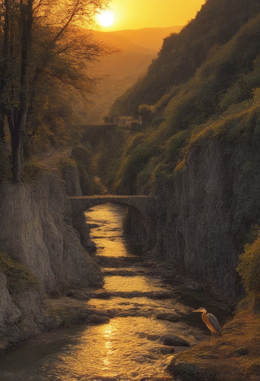 Claude Lorrain (golden hour), Vineyard on steep slate slopes, fox tracks in mud, clapper bridge over stream,grey heron stalking.,Art painting by Gustav Klimt and Takashi Murakami and Kay Sage, ,,
artstation trending, macro lens, volumetric light,
<lora:Illustration_Insanity:0.3>,
<lora:dreamshaperXL10_lora:0.7>,
<lora:extremely_detailed:0.3> extremely detailed,
<lora:DetailMaximizer:0.3>,, Surrealism art style, dreamlike and irrational imagery, explores the unconscious mind, juxtaposition of unlikely elements, challenges reality and logic
