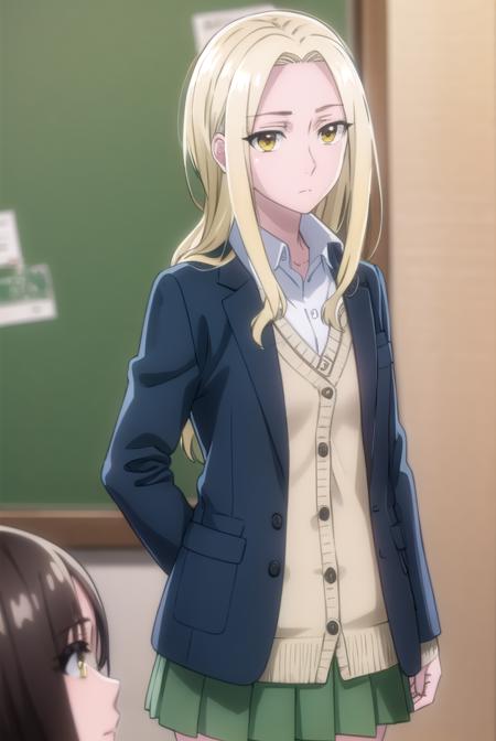 rioamakusa, <lora:rio amakusa s1-lora-nochekaiser:1>,
rio amakusa, long hair, blonde hair, (yellow eyes:1.2), (forehead:1.2),
BREAK skirt, shirt, long sleeves, school uniform, jacket, white shirt, pleated skirt, socks, miniskirt, blazer, cardigan, green skirt,
BREAK indoors, classroom,
BREAK looking at viewer, (cowboy shot:1.5),
BREAK <lyco:GoodHands-beta2:1>, (masterpiece:1.2), best quality, high resolution, unity 8k wallpaper, (illustration:0.8), (beautiful detailed eyes:1.6), extremely detailed face, perfect lighting, extremely detailed CG, (perfect hands, perfect anatomy),