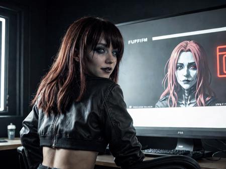photorealistic, cinematic movie still, film grain, dark cinematography, analogue film, FujiFilm, 8k, high resolution, detailed skin, 
35 years old female, wearing a cropped top jacket and short shorts, smiling, sitting on a gaming chair, posing at the camera,
skeletal makeup, detailed black and white makeup covering the face and neck, gothic-inspired aesthetic,
background of a dark-lit gaming room, neon lighting on the walls, 80's anime screen on desktop wallpaper, artistic rendition with wide brush strokes, anime comic on the table