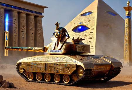 (egyptpunkai:1.3) {(scifi:1.3)} battle tank, single gun barrel,  hologram display on side, dirigible made of gold and lapis, outdoors, golden pharaoh mask turret, holographic hieroglyphs, pyramids in the background, battlefield, ancient egyptian soldiers (detailed faces, high resolution, amazing, Impressive lighting, vibrant colors, complex scene ,Ultra Realistic, trending on artstation, exaggerated, detailed background:1.1)
