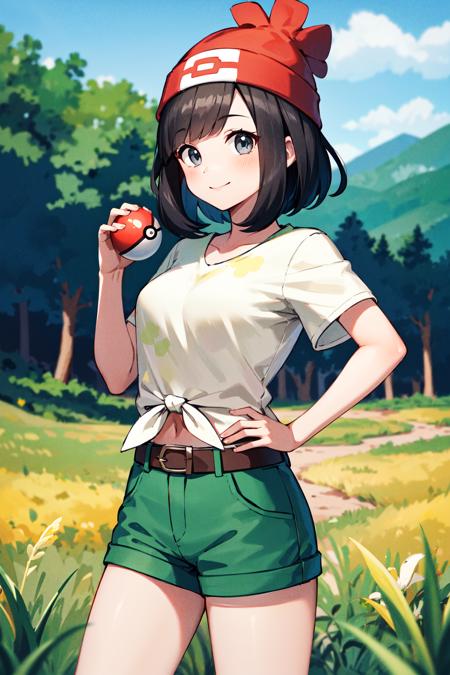 masterpiece, best quality, highres, selene1, 1girl, selene1, 1girl, selene \(pokemon\), solo, grey eyes, black hair, green shorts, red headwear, beanie, shirt, tied shirt, floral print, short hair, short sleeves, short shorts, striped, yellow shirt, belt,  <lora:selene_(pokemon)_v1:0.6>, cowboy shot, grass, field, smile, holding poke ball, hand on hip, poke ball \(basic\),