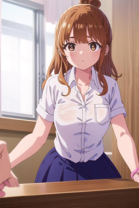 moekosekine, <lora:moeko sekine s1-lora-nochekaiser:1>,
moeko sekine, long hair, skirt, brown hair, (brown eyes:1.5), hair bun, single hair bun, sidelocks,
BREAK skirt, shirt, school uniform, white shirt, short sleeves, pleated skirt, collared shirt, blue skirt,
BREAK indoors, classroom,
BREAK looking at viewer, (cowboy shot:1.5),
BREAK <lyco:GoodHands-beta2:1>, (masterpiece:1.2), best quality, high resolution, unity 8k wallpaper, (illustration:0.8), (beautiful detailed eyes:1.6), extremely detailed face, perfect lighting, extremely detailed CG, (perfect hands, perfect anatomy),