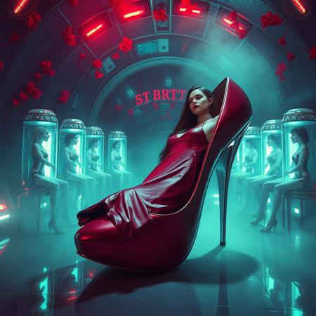 tall slender elegant slavic femme fatal  lays in giant high heel foil shoe ,  under dimension portal to another galaxy , , slave  collar, dressed in sexy glossy satin side slit nightgown , long veil, pefect legs in lace trim stockings and d'orsay high heels, small feets, alien spaceship chamber, surrounded by beauty models encased in  hi-tech stasis tubes at background, fishnet curtains, fog, mirrors, hi-tech, sci-fi, scifi, mind control, steel, foil, hypno, romance,  lipstick, long hair, heavy makeup, 1950s hairstyle, red nails, long hair, green eyes, sharp cheekbones, ultra thin waist , seductive, feminine, mysterious, alluring, vines, poison red flowers