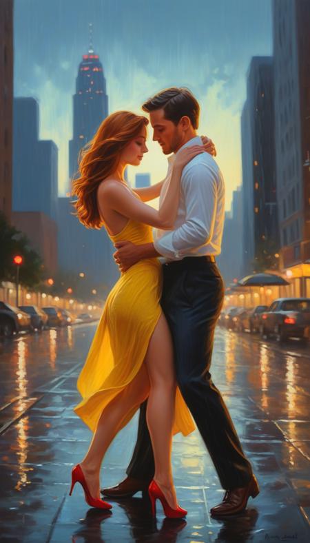 An alluring oil painting of a couple dancing in a twilight cityscape, their bodies glowing with passion and intimacy, inspired by La La Land. The woman’s yellow dress, form-fitting and flowing with a dramatic slit, catches the soft evening light, accentuating her figure. Her red heels glimmer as she leans into her partner, her auburn hair cascading over her shoulders. The man’s fitted white shirt and dark trousers add timeless elegance as he holds her close. The rain-soaked pavement reflects their entwined forms, while the cinematic city skyline in the distance blends with the warm hues of the fading sun