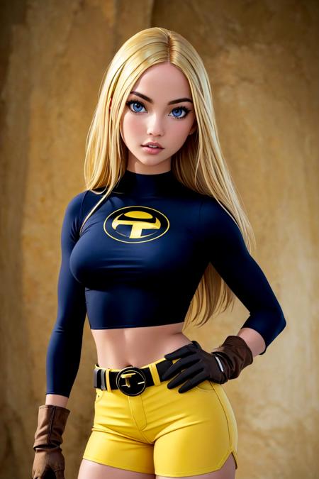 Terra black croptop, belt, yellow shorts, gloves,