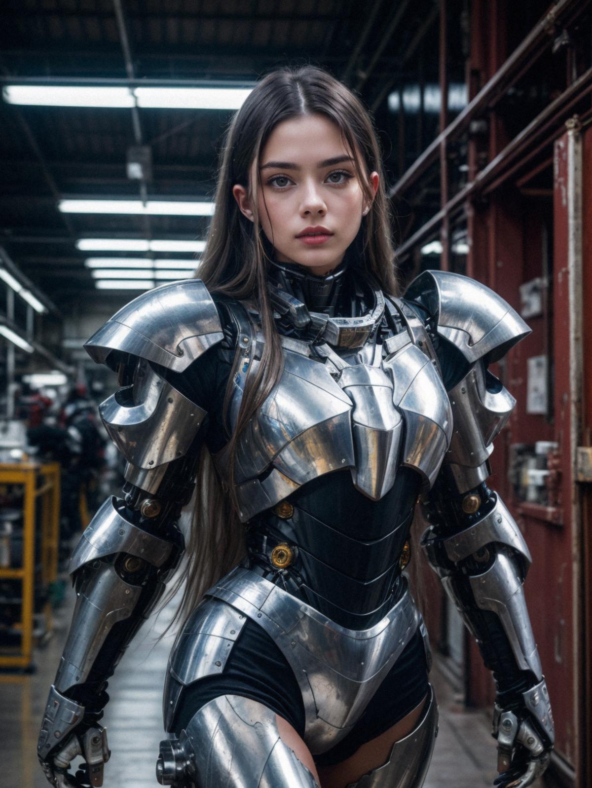 Woman wearing a silver armor or robotic suit standing in a building.