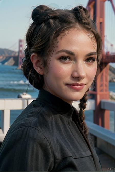 (ds9st black and blue:1.2) uniform, masterpiece, realistic, extreme detail, 8k resolution, 1girl, cowboy photograph, 25-y.o. beautiful woman, (black braided bun hair:1.5), slim, toned, brown eyes, tanned skin, detailed skin, smile, (looking at camera:1.3), in front of the golden gate bridge, 35mm, kodak portra 400, focus on eyes  <lora:Ds9Divi:0.8>  <lora:epiCRealismHelper:1>