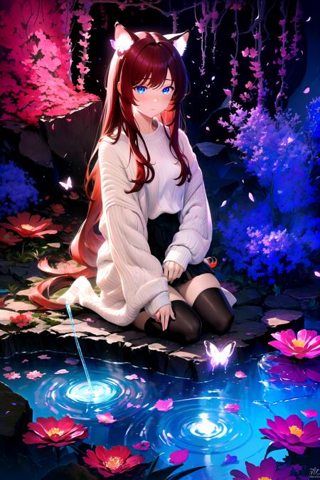 (masterpiece, best quality, highres), 1girl, raifu, solo, abstract, close-up, pov, seiza,
BREAK
dark background, depth of field, rim lighting, flowers, petals,
crystals, cave, butterfly, vegetation, aura, magic, water,
BREAK
dark red hair, blue eyes, straight hair, cat ears, blush,
(medium breasts:0.8), mature female, white sweater,