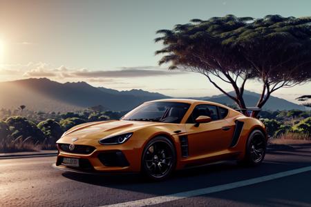 Test Drive Unlimited style, sports car on the road in jungle, Hawaii, (realistic, photo-realistic:1.2), outdoor,  sunset, blue sky, clouds, palms, pineapple, flowers, flares, particles <lora:svemacolor_v09:0.65>  shot on Svema_Color, shot on 85mm lens, cinematic still <lora:zeekars:0.6>