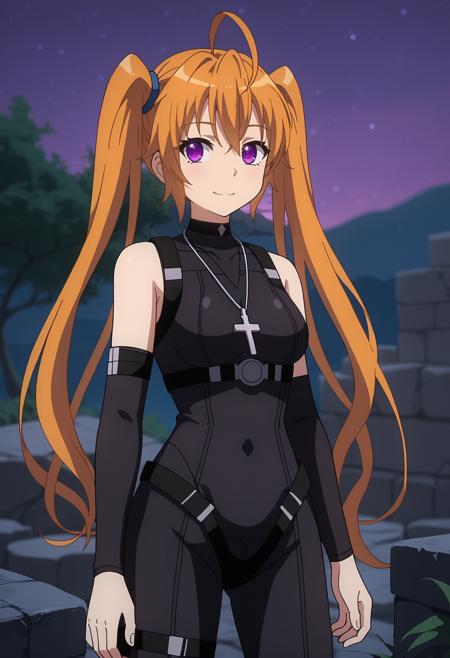 long hair, twintails, orange hair, purple eyes, ahoge IrinaSchool,black capelet, striped shirt, white shirt, neck ribbon, black ribbon, long sleeves, black corset, buttons, pleated skirt, purple skirt, bike shorts, shorts under skirt IrinaBodysuit, black bodysuit, bare shoulders, cross necklace, detached sleeves, black belt, arm belt