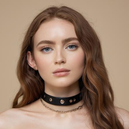 Professional portrait photograph of a woman with wavy long hair with a thin leather choker around her neck and has (glossy lips), Nikon Z9, looking at the camera, realistic matte skin, (highly detailed), ((skin texture)), (sharp focus), high-res