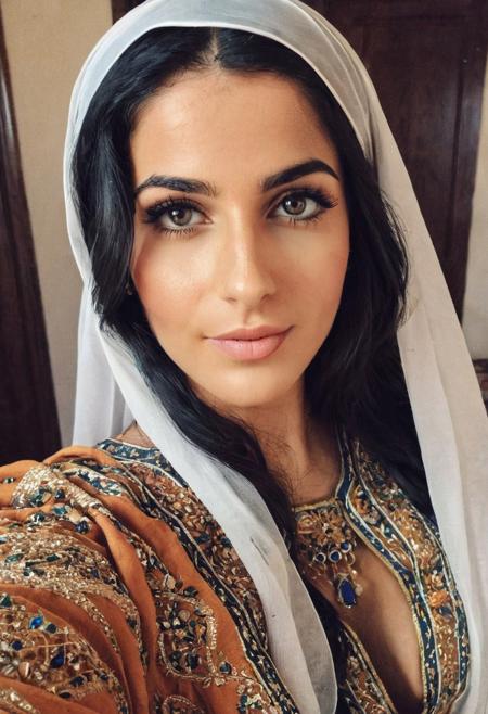 instagram photo, selfie, 25 y.o European woman, black hair, perfect detailed eyes, natural skin, traditional arab attire