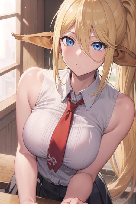 centorea shianus, animal ears, blonde hair, blue eyes, centaur, horse ears, horse tail, long hair, monster girl, ponytail, tail, sleeveless, shirt, white shirt, neckerchief, red neckerchief, collar, skirt, black skirt,