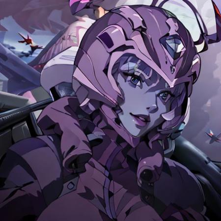 highly detailed,masterpiece, high quality , Nora , 25 years old , white hair ,wearing deep red lipstick and She is wearing purple pilotsuit that cover her body exclude head and wearing a purple pilot helmet with lens that ,smirk face, covered her full face, blue face