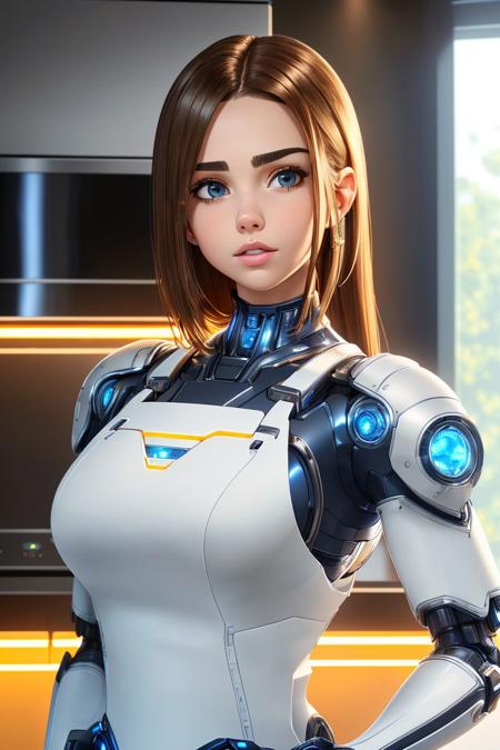 a photo of an attractive S068_SophieXDT, standing in a kitchen, wearing a (tech-mech-suit) and a apron, (8k, RAW photo, best quality, ultra high res:1.2), (absurdres, intricate, photorealistic, masterpiece, ultra-detailed, Unreal Engine:1.3)