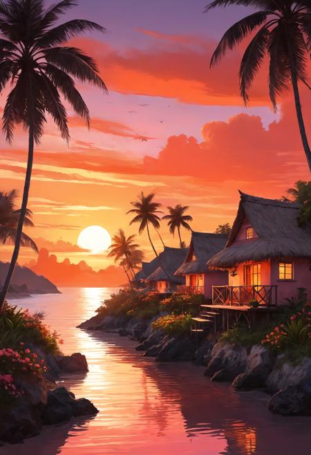 A quiet coastal village nestled among tropical flora, its thatched-roof cottages silhouetted against the vibrant sunset sky, with shades of peach and coral blending seamlessly into the serene horizon. <lora:add-detail-xl:0.5>, Digital painting art style, dynamic composition, professional-grade execution