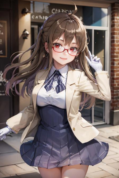 (masterpiece, best quality:1.2), <lora:azurlane_london-10:1>, cowboy shot, solo, 1girl, london \(azur lane\), smile, closed mouth, looking at viewer, ahoge, red eyes, semi-rimless eyewear, red-framed eyewear, jacket, open jacket, white shirt, pleated skirt, white gloves