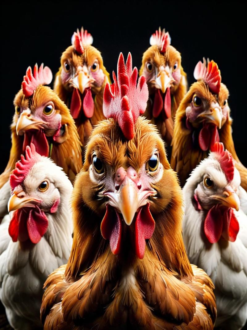 A Group of Roosters with Red Combs Staring Intently at the Camera