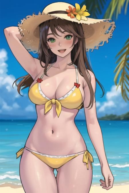 <lora:synecdoche:0.8>, synecdoche,  masterpiece, best quality,  1girl, swimsuit, breasts, bikini, yellow bikini, solo, outdoors, hat, green eyes, sun hat, large breasts, navel, long hair, looking at viewer, side-tie bikini bottom, smile, cleavage, stomach, beach, day, white headwear, open mouth, blue sky, sky, front-tie top, hat flower, :d, blush, bangs, blurry background, flower, collarbone, cowboy shot, thigh gap, blurry, thighs, ocean, front-tie bikini top, brown hair, arm up, ok sign, string bikini, cloud