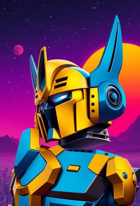 gold and blue transformer, decepticon, villain pose, photograph with a purple sky, cosmic stars, an orange and blue synthwave sun background. Slightly turned. Pointy helmet. Ultra-detailed. Hyper-realistic. Metal city landscape