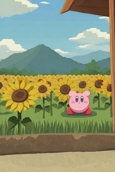 Ara love kirby style, kirby, flower, outdoors, sky, tree, cloud, day, fruit, no humans, house, food, blue sky, sunflower, grass, star (symbol), mountain, window, cloudy sky, scenery, field, yellow flower, blush stickers