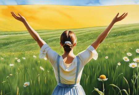 Centered, A woman raises her arms out in a sunny field. The artwork combines traditional realism with a touch of watercolor charm, evoking a sense of tranquility and devotion, The Sound Of Music Homage