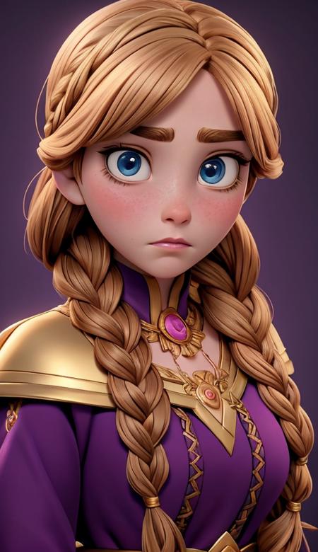 <lora:Anna:1> brown hair, blue eyes, thin eyebrows, pink lips, serious expression, fair skin, visible eyelashes, purple top with gold embroidery, gold necklace, braided hair, blushing cheeks, thick, rounded face